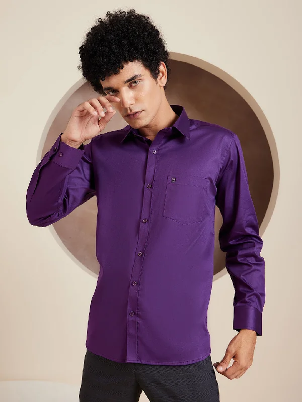 Breathable Men's Linen ShirtsDENNISON Purple Pure Cotton Formal Shirt