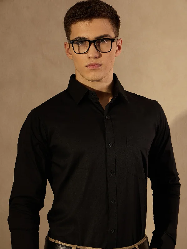 Versatile Men's Short-Sleeve ShirtsMen Black Pure Cotton Smart Formal Shirt