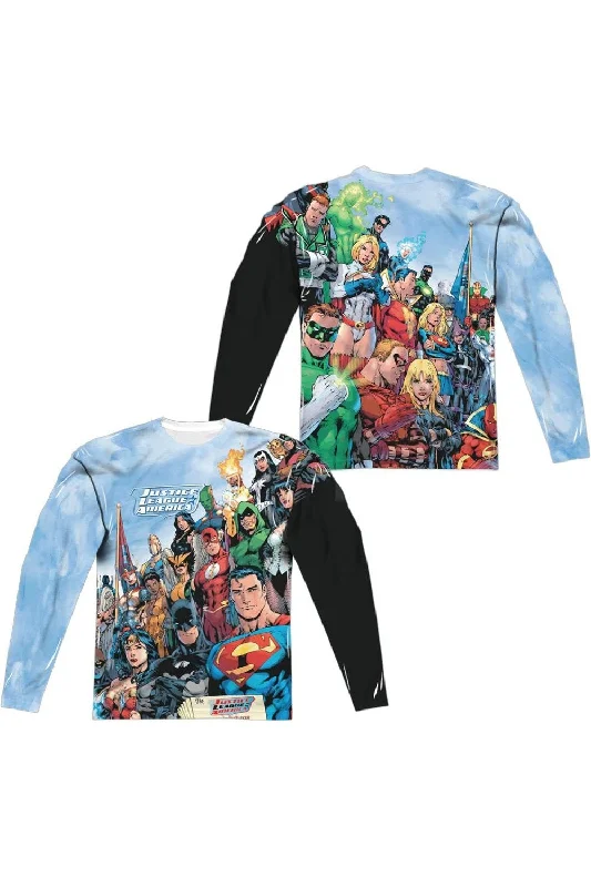 Men's Shirts with Double-Breasted DesignsJla Justice League Of America (Front/Back Print) Long Sleeve Adult Poly Crew Tee / T-Shirt