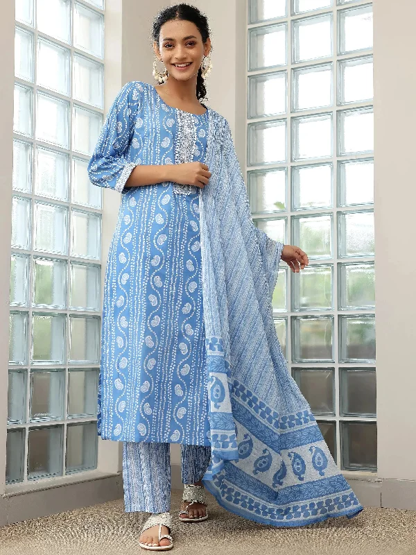 Blue Printed Cotton Straight Suit With Dupatta