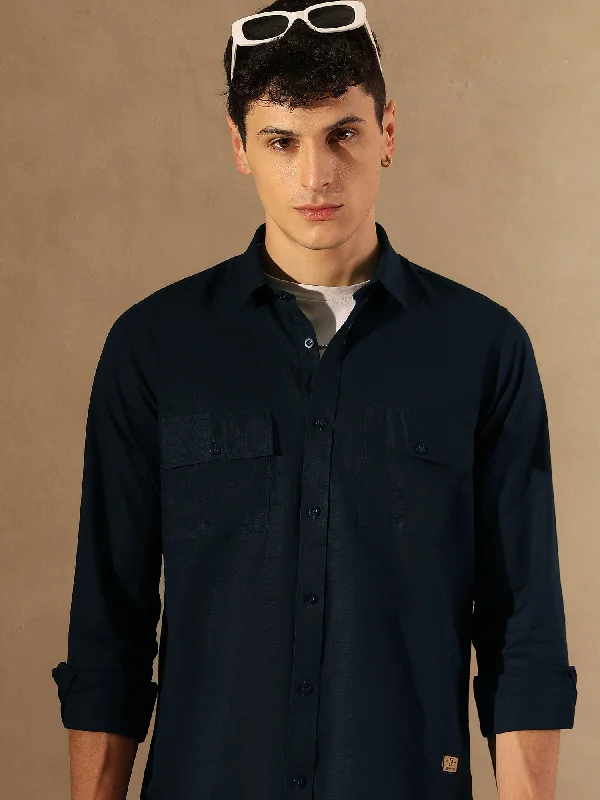 Men's Cufflink-Ready Shirts for Formal EventsNavy Blue Double Pocket Cotton Linen Shirt Men's Cufflink-Ready Shirts for Formal EventsNavy Blue Double Pocket Cotton Linen Shirt