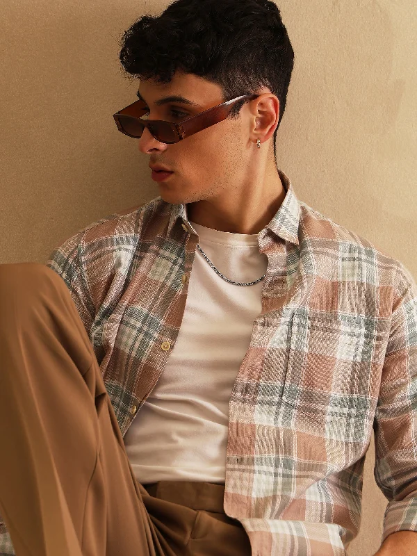 Men's Bold-Color Shirts for a Statement PieceDENNISON Men Peach Checked Shirt