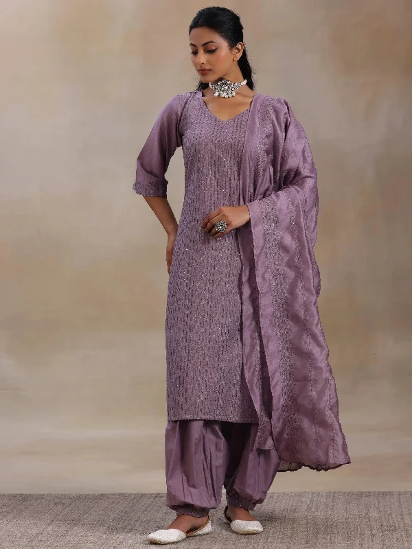 Mauve Self Design Silk Blend Straight Suit With Dupatta