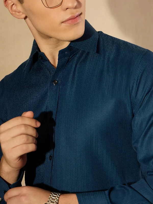 Casual Men's Button-Down ShirtsBlue Self Design Textured Party Shirt