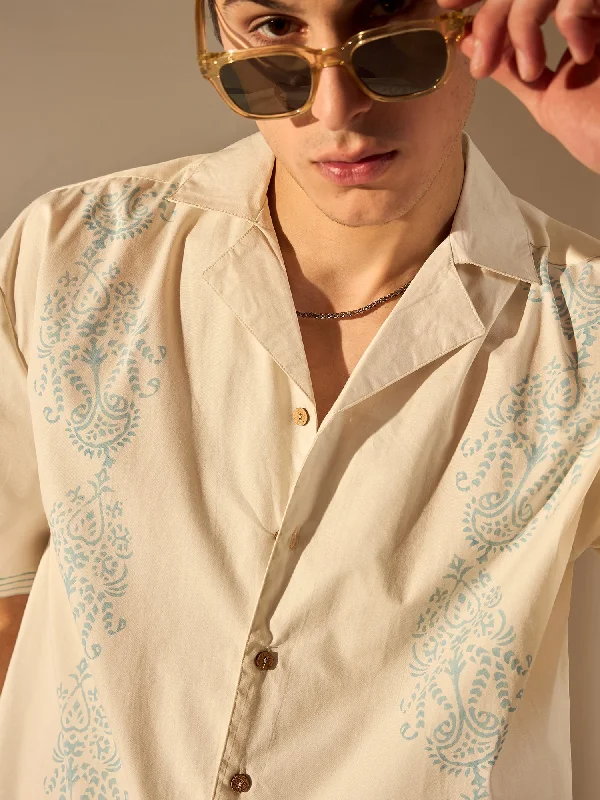 Men's Tennis Shirts for Court ComfortOff White: Ethnic Printed Oversized Shirt