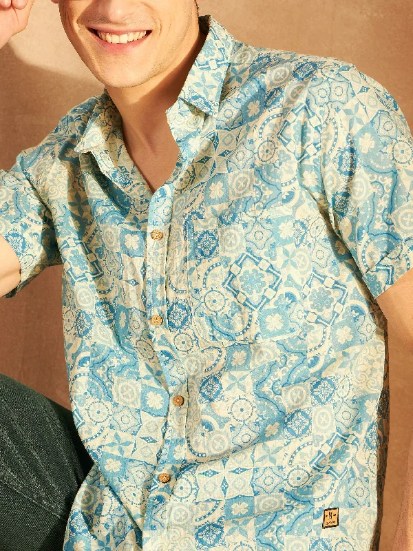 Men's Smart Casual Shirts for Business Casual SettingsBlock Printed Cotton Shirt