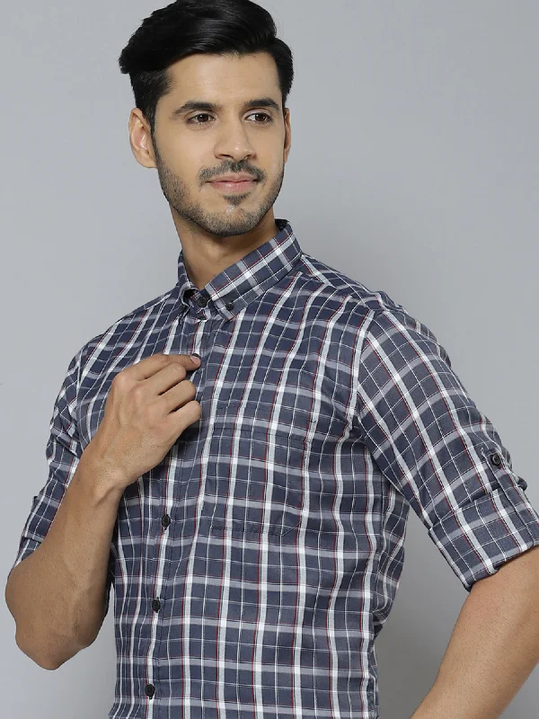 Men's Solid-Color Button-Down Shirts for VersatilityMen Grey  White Pure Cotton Smart Slim Fit Tartan Checks Checked Formal Shirt