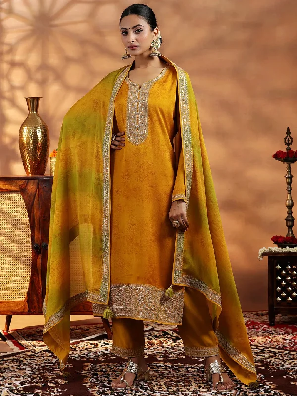 Mustard Embroidered Silk Blend Straight Suit With Dupatta