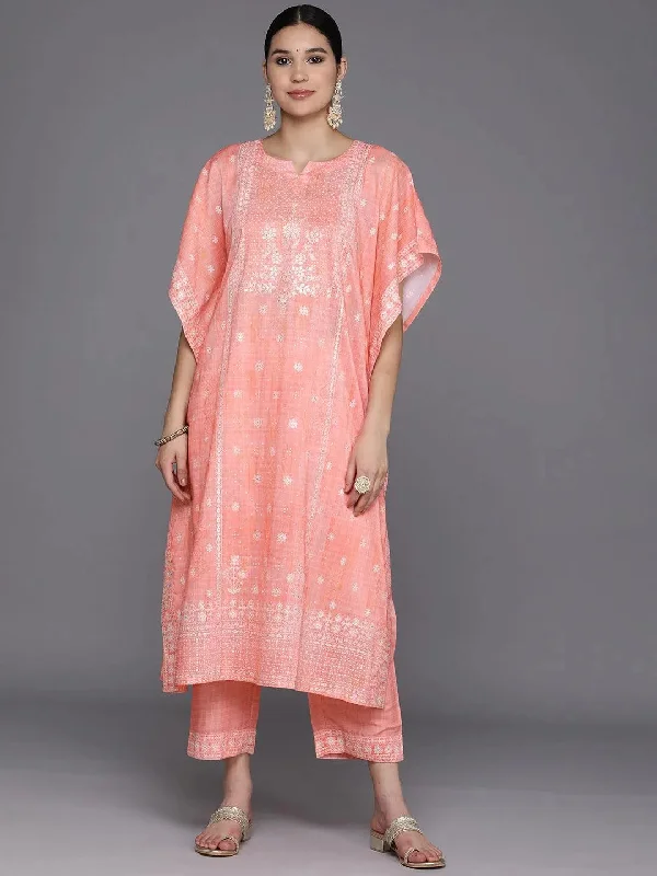Coral Printed Silk Blend Kaftan With Trousers
