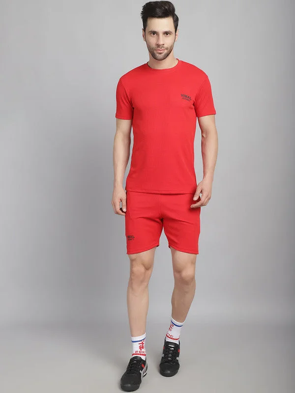 Mack Jonney Solid  Red  Polyester Lycra Half sleeves Co-ord Set Tracksuit For Men