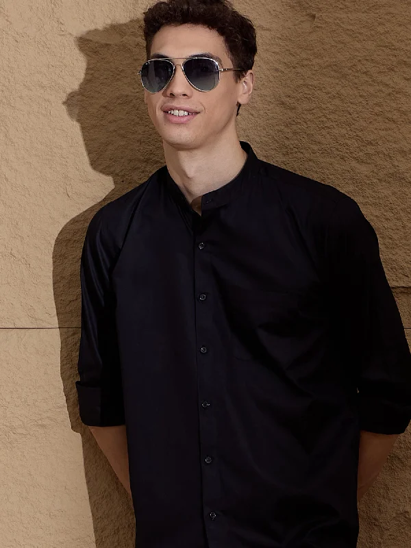 Men's Solid-Colored Shirts for VersatilityBlack Mandarin Collar Cotton Casual Shirt Men's Solid-Colored Shirts for VersatilityBlack Mandarin Collar Cotton Casual Shirt