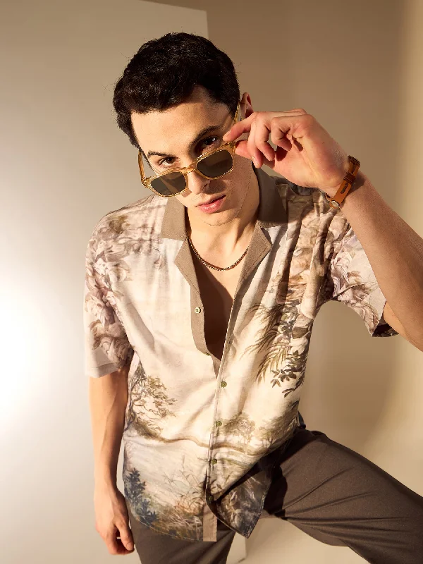 Breathable Men's Linen ShirtsOlive: Placement print Oversized Shirt