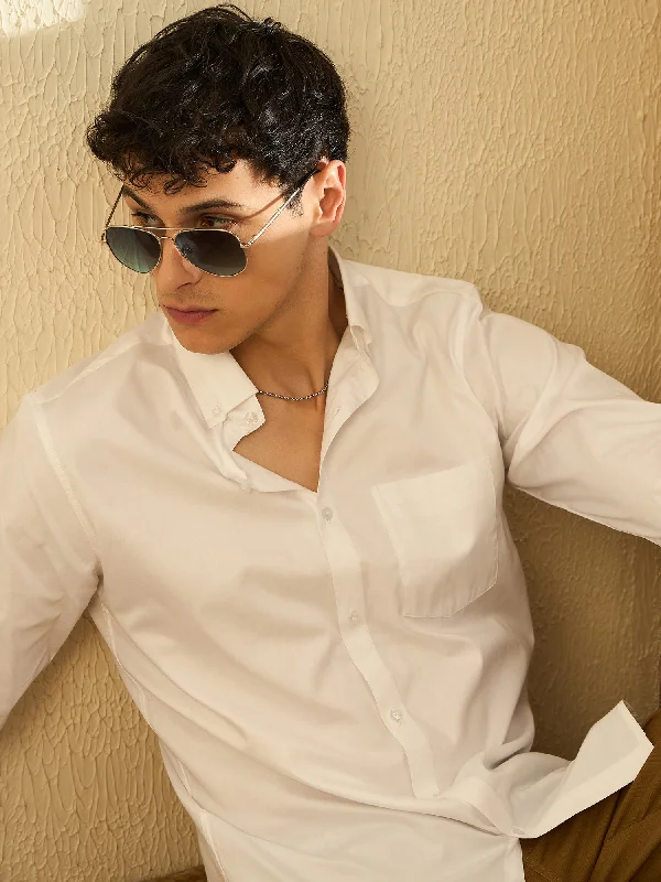 Men's Tennis Shirts for Court ComfortDENNISON Men White Solid Pure Cotton Smart Slim Fit Formal Shirt