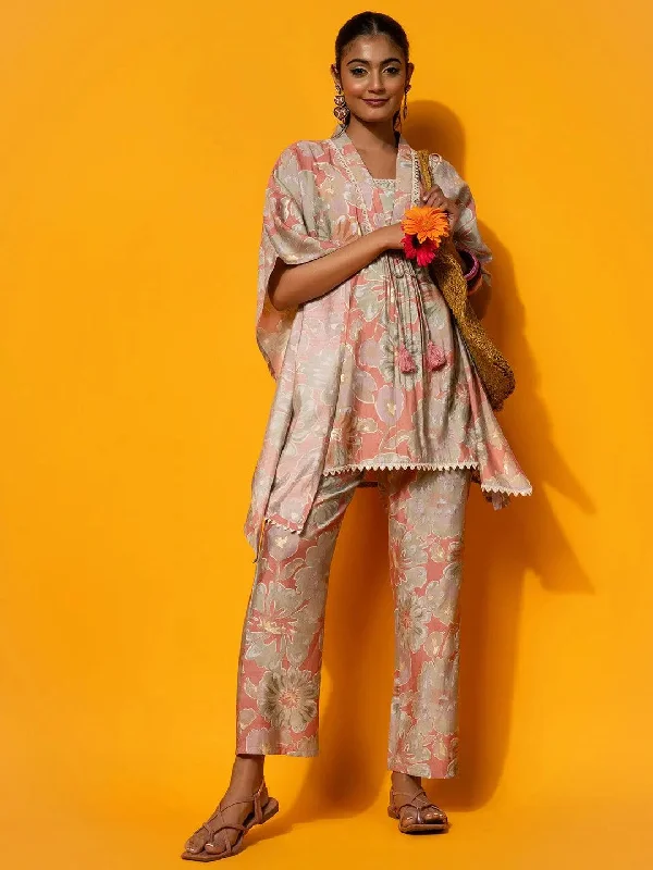 Peach Printed Silk Blend Co-Ords