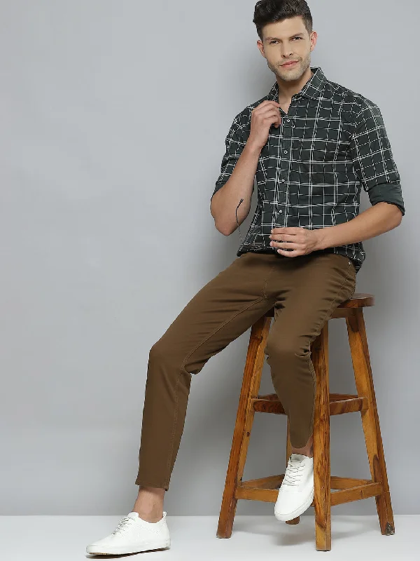 Men's Plaid Shirts for a Country CharmMen Green  White Checked Smart Slim Fit Opaque Casual Shirt