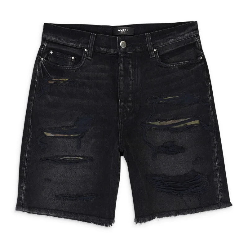 Men's Button-Fly Pants for a Traditional TouchAMIRI CAMO PATCH SHORT AGED BLACK DENIM SHORTS