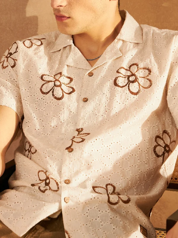 Men's Patterned Button-Down Shirts for Added InterestDENNISON Cream Color Self Design Schiffli Casual Shirt