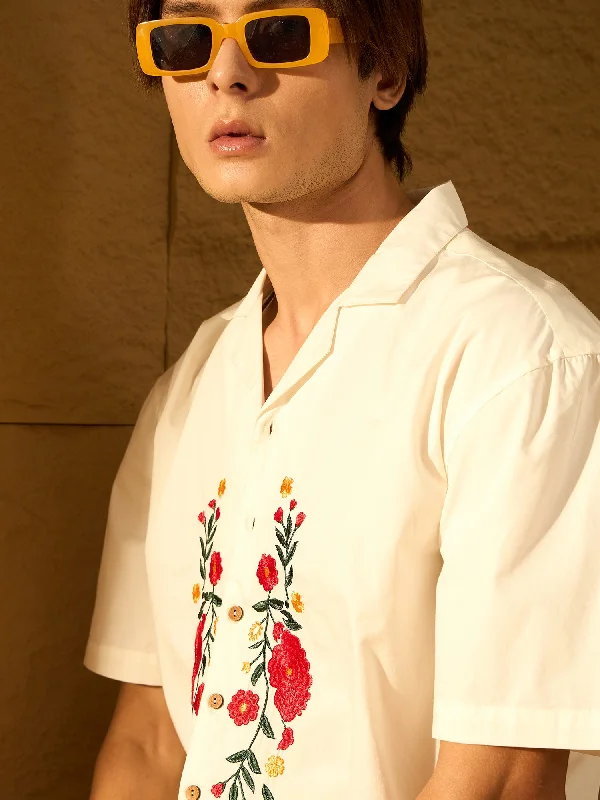 Men's Short-Sleeve Shirts for Warm WeatherDrop Shoulder Oversized Embroidered Cotton Shirt Men's Short-Sleeve Shirts for Warm WeatherDrop Shoulder Oversized Embroidered Cotton Shirt