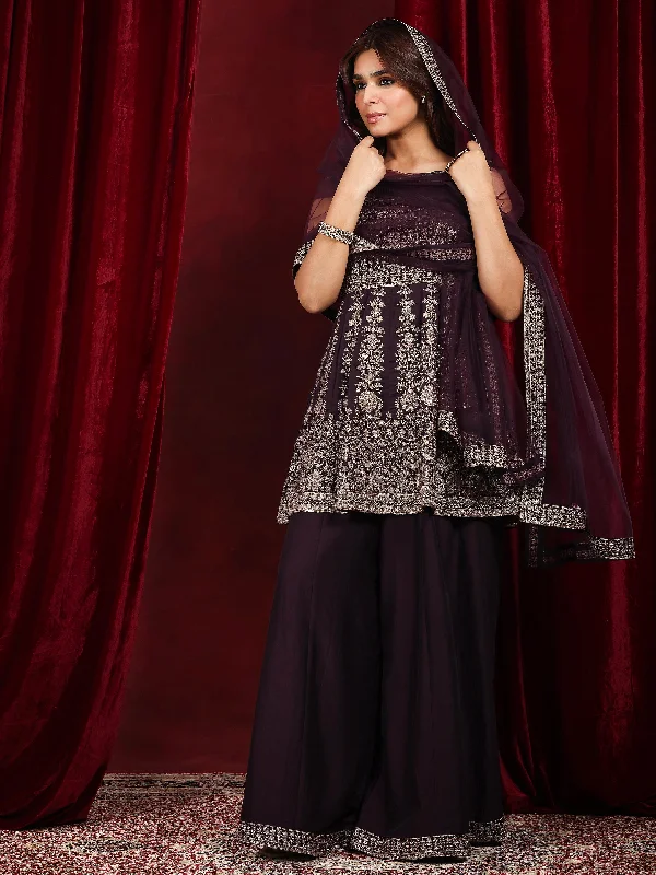 Libas Art Burgundy Embellished Silk Blend A-Line Suit With Dupatta