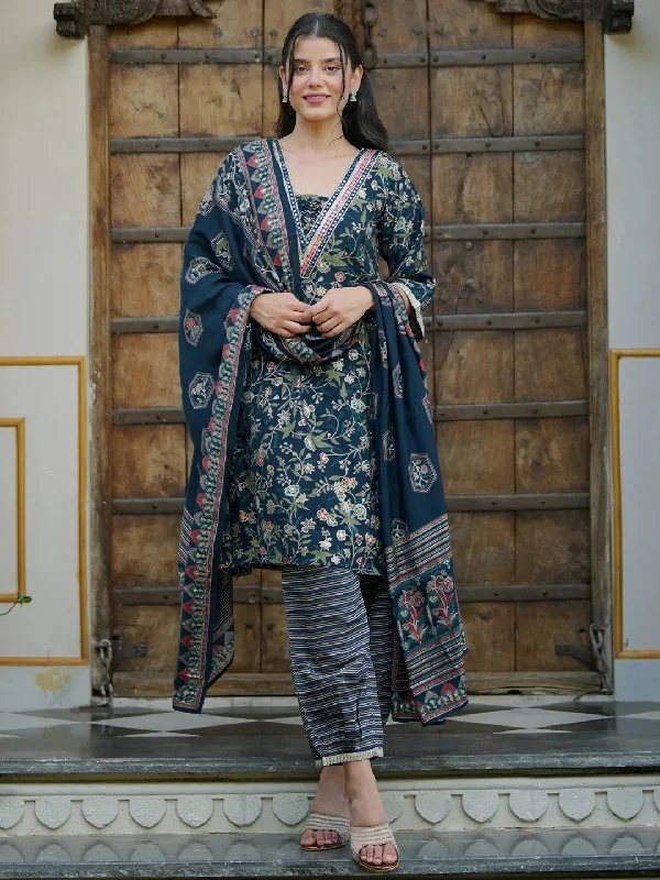 Blue Printed Silk Blend A-Line Kurta With Salwar & Dupatta