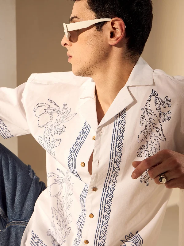 Men's Dressy Casual Shirts for Smart-Casual EventsOff White: Ethnic Hand Block Printed Oversized Shirt Men's Dressy Casual Shirts for Smart-Casual EventsOff White: Ethnic Hand Block Printed Oversized Shirt