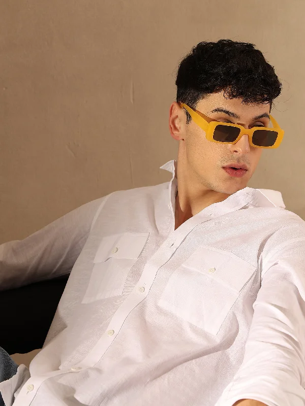 Men's French-Cuff Shirts for a Sophisticated EdgeWhite Double Pocket Cotton Linen Shirt Men's French-Cuff Shirts for a Sophisticated EdgeWhite Double Pocket Cotton Linen Shirt