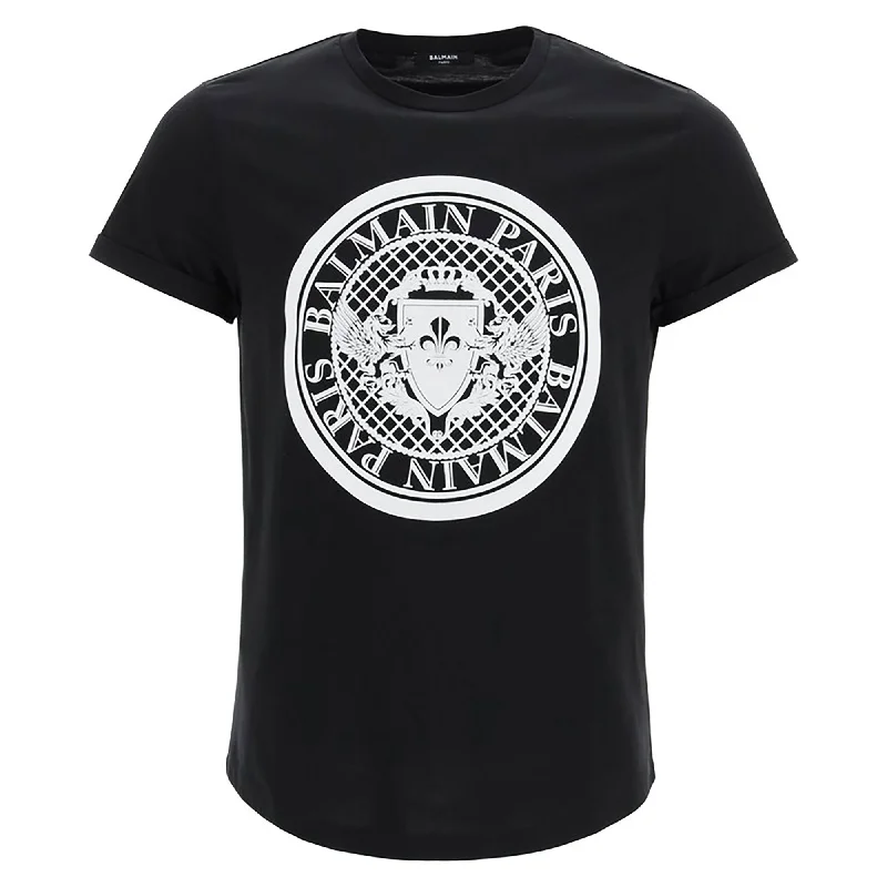 Men's Shirts with Logo EmbossmentsBalmain Men's Black White Logo T-shirt w/Flock Medallion Logo