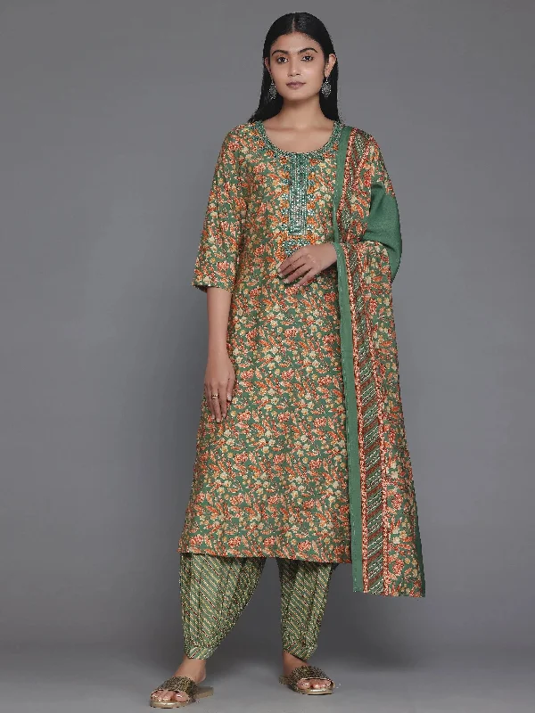 Green Printed Silk Blend Straight Suit With Dupatta