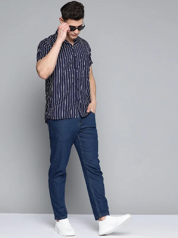 Men's Performance Shirts for Active LifestylesMen Navy Blue Striped Smart Slim Fit Casual Shirt Men's Performance Shirts for Active LifestylesMen Navy Blue Striped Smart Slim Fit Casual Shirt