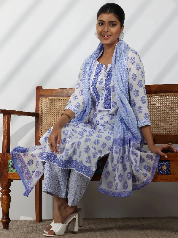 Off White Printed Cotton Straight Suit With Dupatta