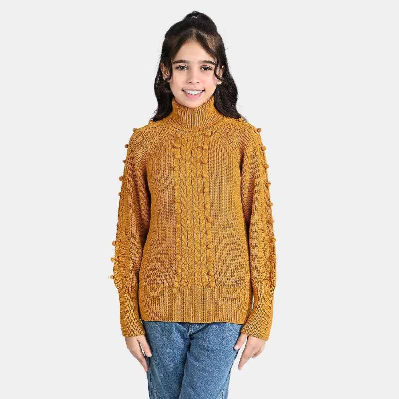 Girls Acrylic Sweater Turtle Neck-Mustard
