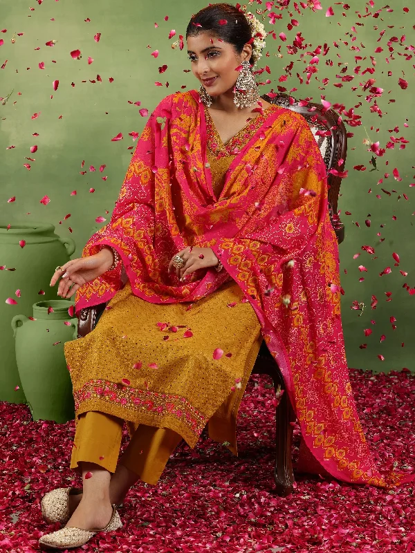 Mustard Embroidered Cotton Straight Suit With Dupatta