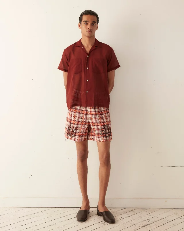 Lightweight Men's Linen PantsBeaded Floral Madras Shorts - Red