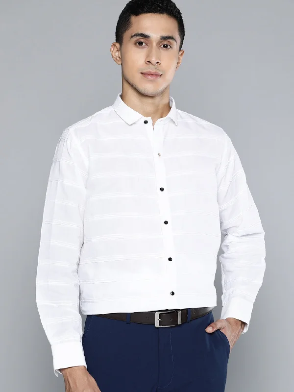 Men's Geometric Print Shirts for a Modern TwistMen White Smart Slim Fit Horizontal Striped Cotton Formal Shirt Men's Geometric Print Shirts for a Modern TwistMen White Smart Slim Fit Horizontal Striped Cotton Formal Shirt