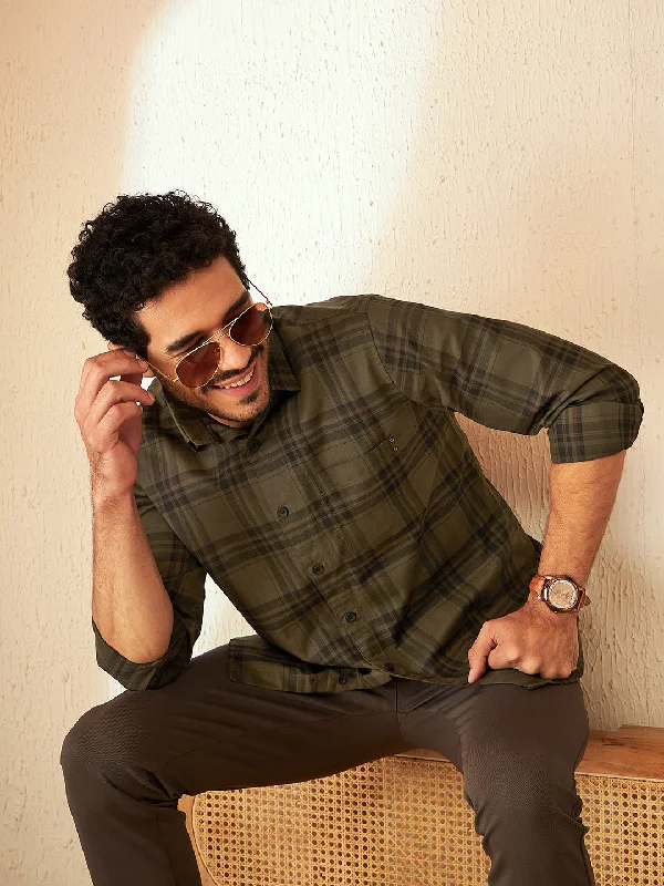 Men's Crew Neck T-Shirts for Everyday WearDENNISON Olive Smart Tartan Checks Checked Casual Shirt