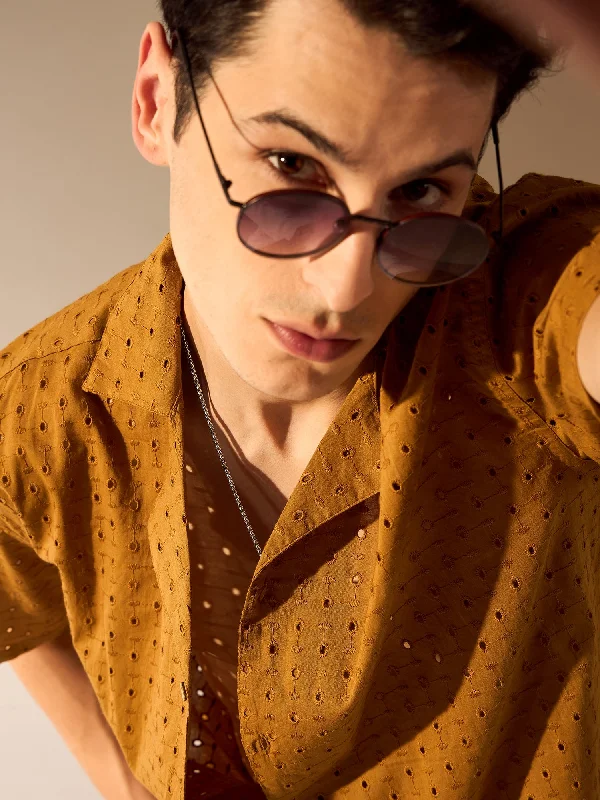 Men's Essential Dress Shirts for Everyday WearMustard: Semi Sheer Schiffli Oversize Shirt Men's Essential Dress Shirts for Everyday WearMustard: Semi Sheer Schiffli Oversize Shirt