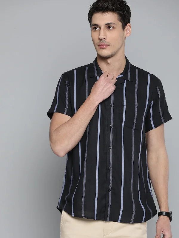 Men's Button-Down Collar Shirts for Staying PolishedMen Black Smart Slim Fit Vertical Stripes Opaque Casual Shirt with Chest Pocket Men's Button-Down Collar Shirts for Staying PolishedMen Black Smart Slim Fit Vertical Stripes Opaque Casual Shirt with Chest Pocket