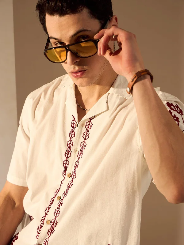 Men's Solid-Color Button-Down Shirts for VersatilityOff White: Embroidery Cotton Oversized Shirt Men's Solid-Color Button-Down Shirts for VersatilityOff White: Embroidery Cotton Oversized Shirt