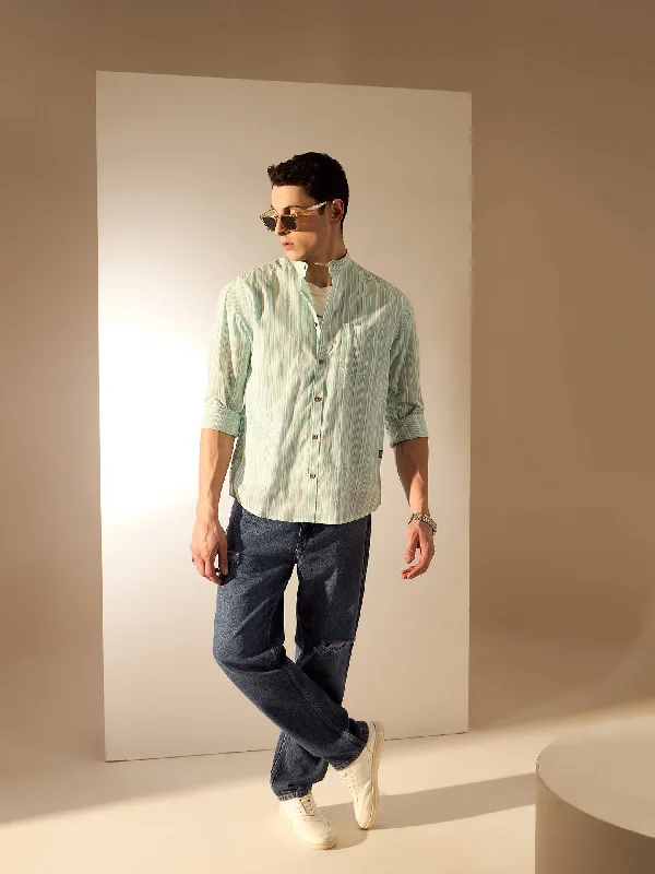 Men's Fishing Shirts for Water SportsWhite & Green: Aspect Striped Oversized Shirt
