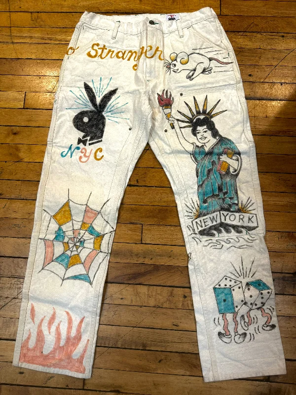 Men's Pants with Hidden ButtonsLeft Field x Low Timers,  NYC inspired  hand drawn work pants  - Natural Mt Vernon Duck Double Knee Work Uniform  Chino Size 38" running 36"