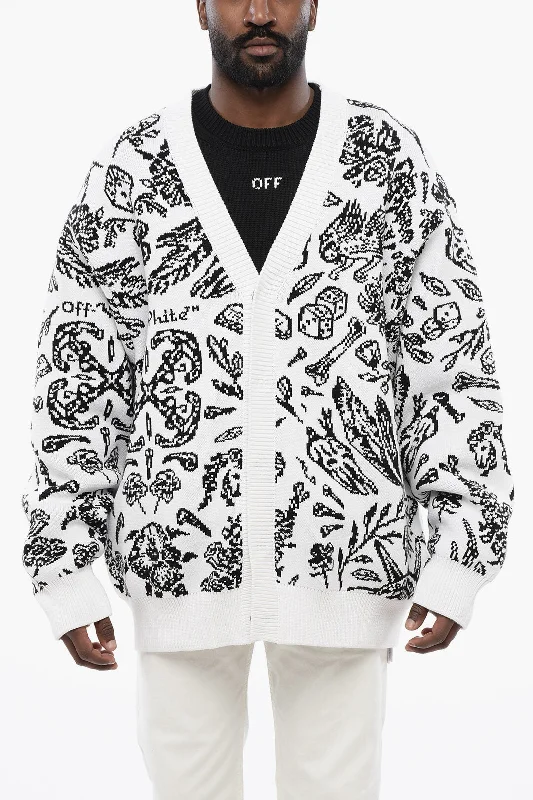 Off-White Patterned Cardigan With Zip Detail