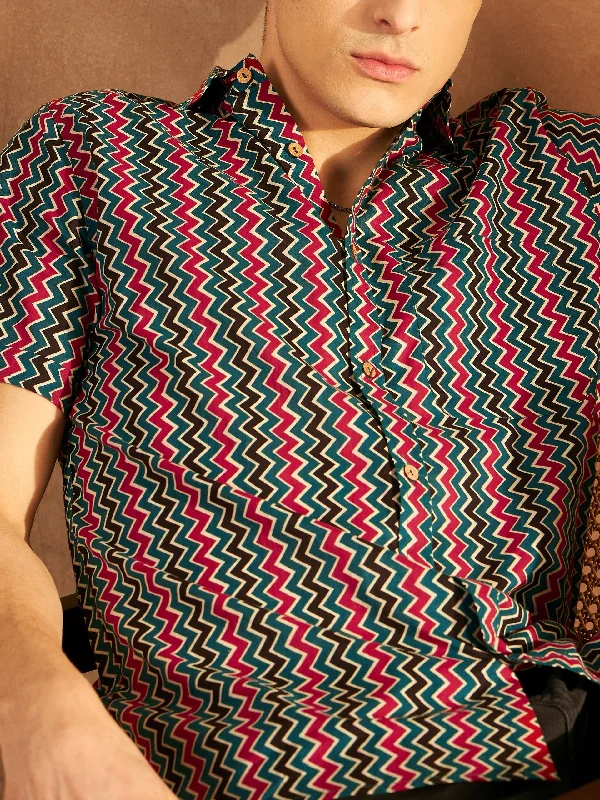 Men's Bold-Color Shirts for a Statement PieceBlock Printed Oversized Casual Shirt