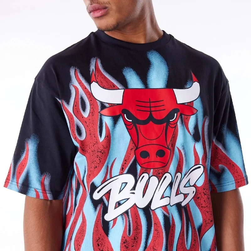 Men's Shirts with Patch PocketsChicago Bulls NBA Flame Black Oversized T-Shirt