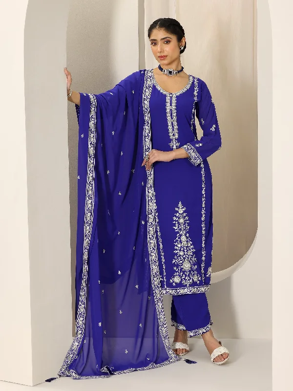 Blue Embroidered Georgette Straight Suit Set With Dupatta