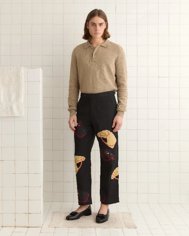 Men's Patterned Pants with Animal PrintsPony Appliqué Trousers - Black