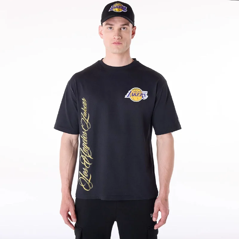 Men's Shirts with Cowl NecksLA Lakers NBA Font Graphic Black T-Shirt