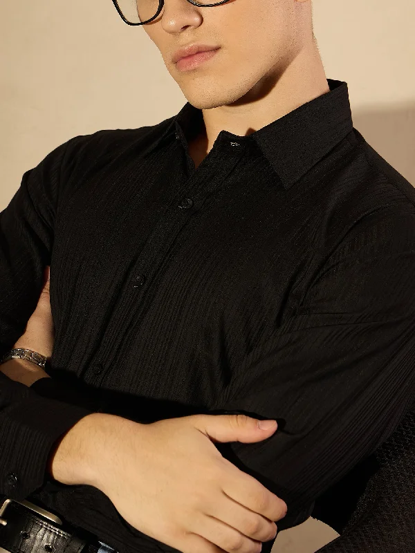 Men's Versatile Dress Shirts for Multiple OccasionsBlack Self Design Formal Shirt