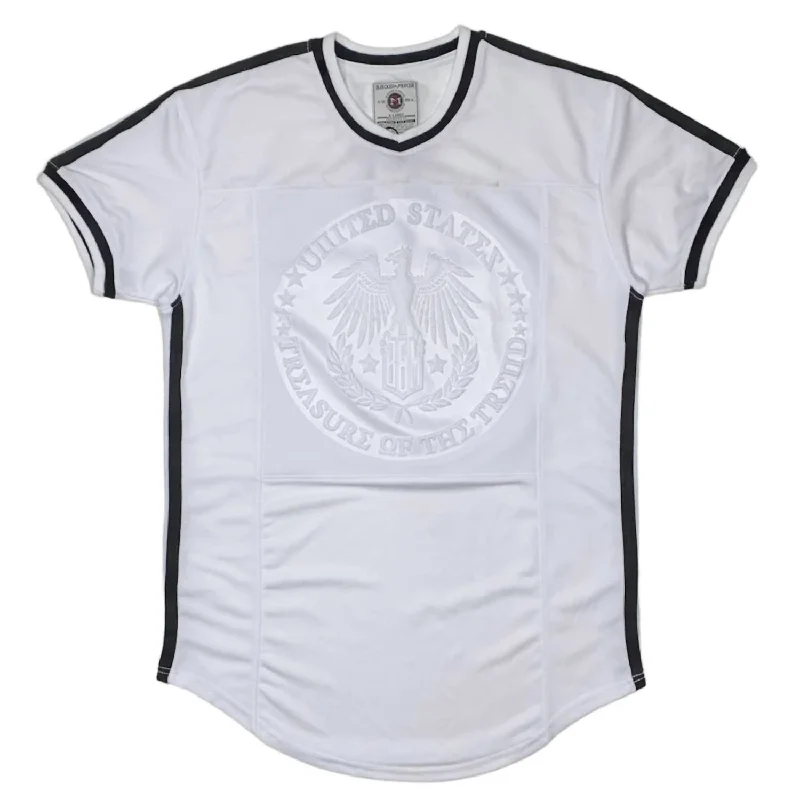 Men's Shirts with Ruffled HemlinesMen's Embossment Varsity T-Shirt In Money/white