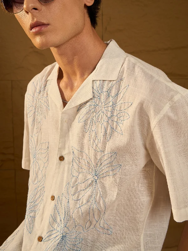 Men's Neutral-Tone Shirts for Versatile StylingWhite Floral Embroidery Oversized Shirt Men's Neutral-Tone Shirts for Versatile StylingWhite Floral Embroidery Oversized Shirt