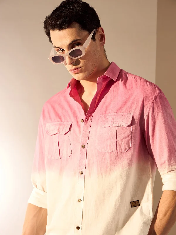 Men's Travel Shirts for Easy PackingCoral Pink: Double Pocket Oversized Ombre Shirt Men's Travel Shirts for Easy PackingCoral Pink: Double Pocket Oversized Ombre Shirt